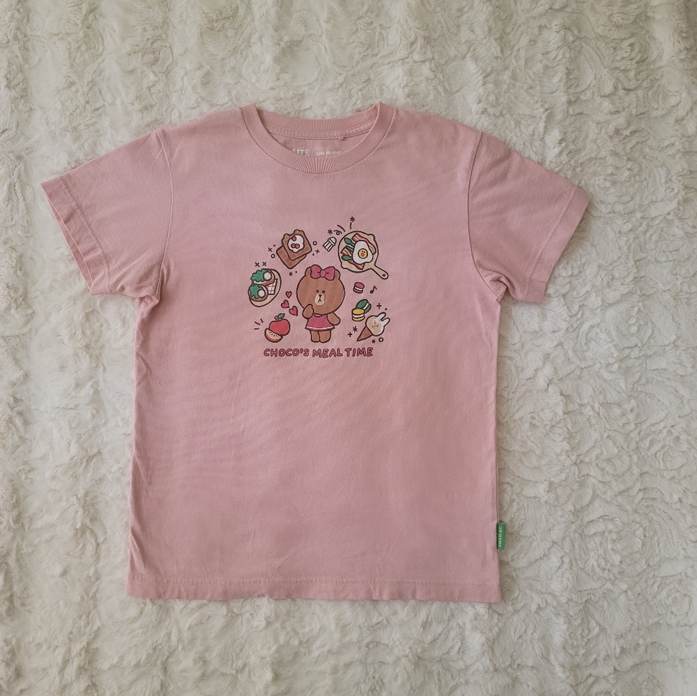 Uniqlo Girl Choco Line Friends Meal Time Pink Short Sleeve Shirt Size 11-12